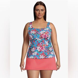 Lands' End Chlorine Resistant Square Neck Tankini Top Turquoise Lily Palm 14ddd